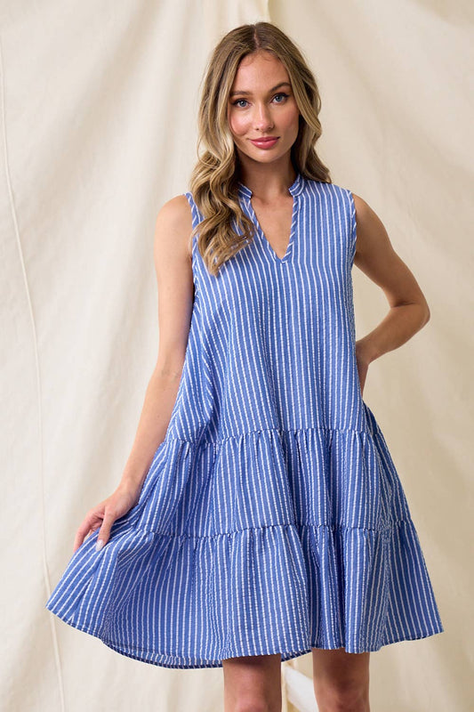 Summer Stripes Seersucker Dress-Blue & White