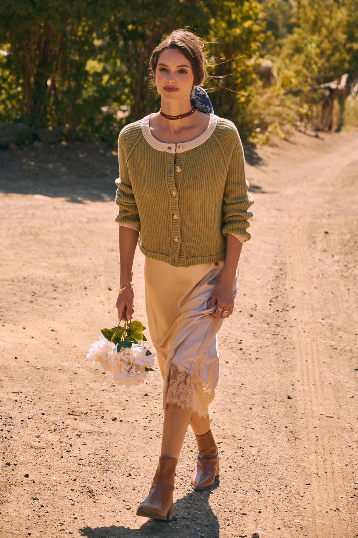 Champagne and French Lace Satin Midi Skirt
