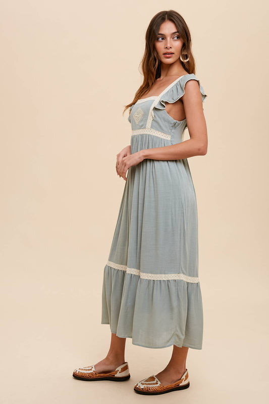 Embroidered Lace Trim Apron Dress-Sage