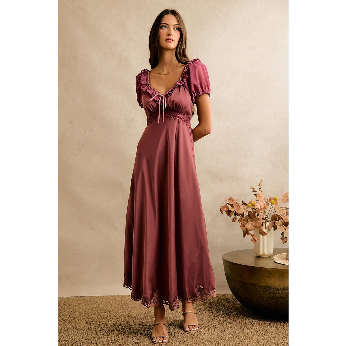 V NECK RUFFLE SLIP SATIN MAXI DRESS