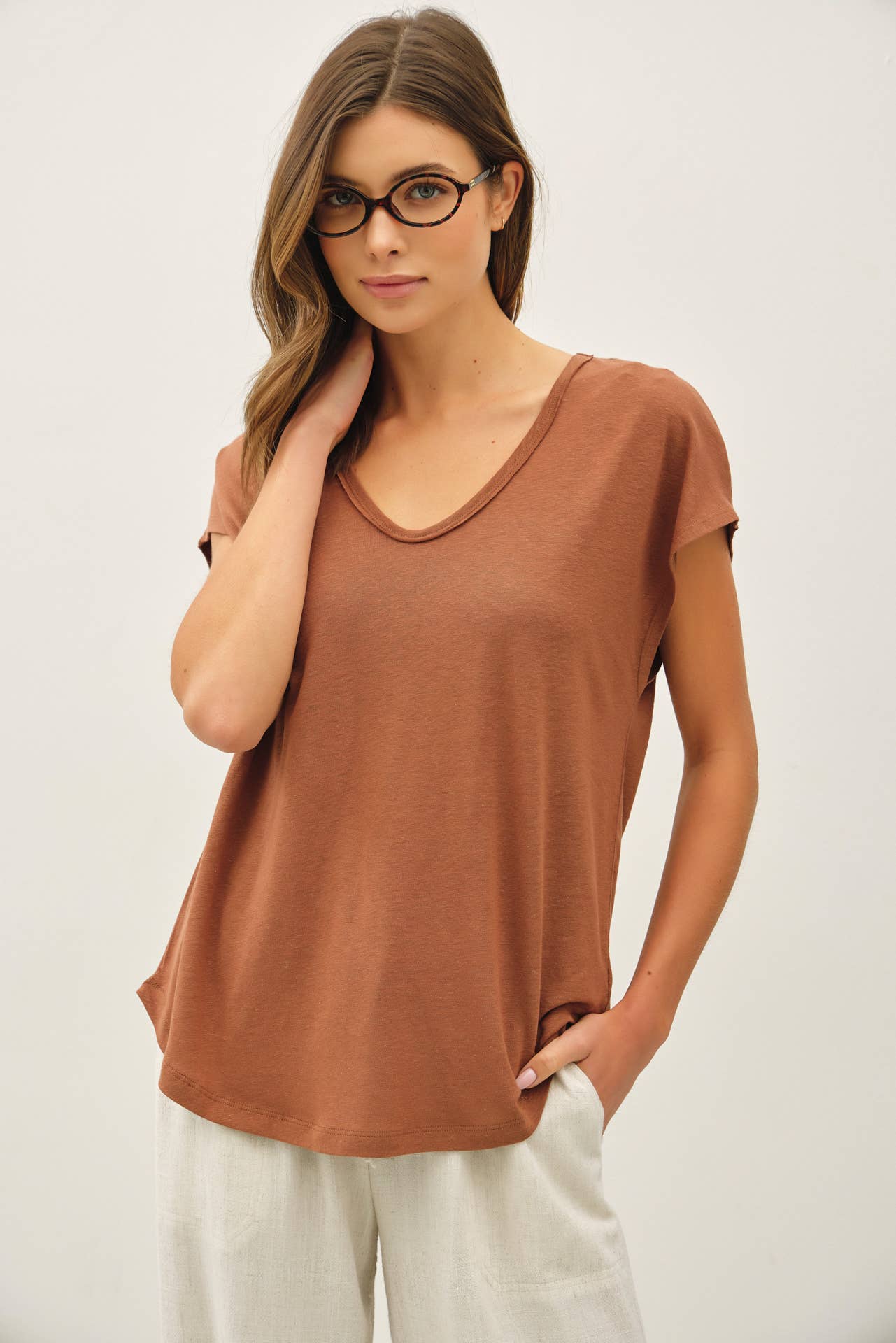 Raw Edge Detail Linen Blend T-Shirt; Ivory, Dusty Blue, Charcoal or Clay