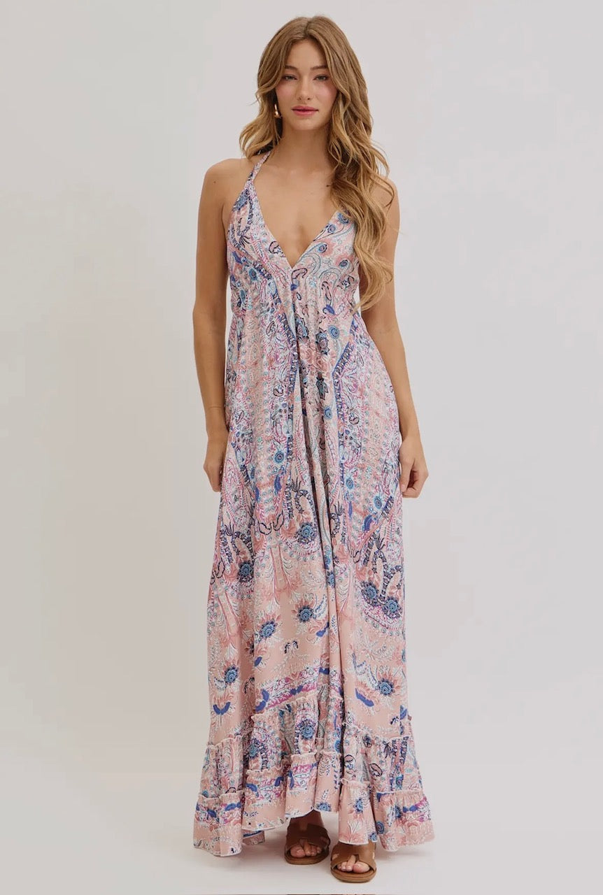 Mauve and Blue Boho Maxi Dress